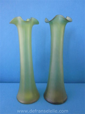 a pair of green glass Loetz tulip vases